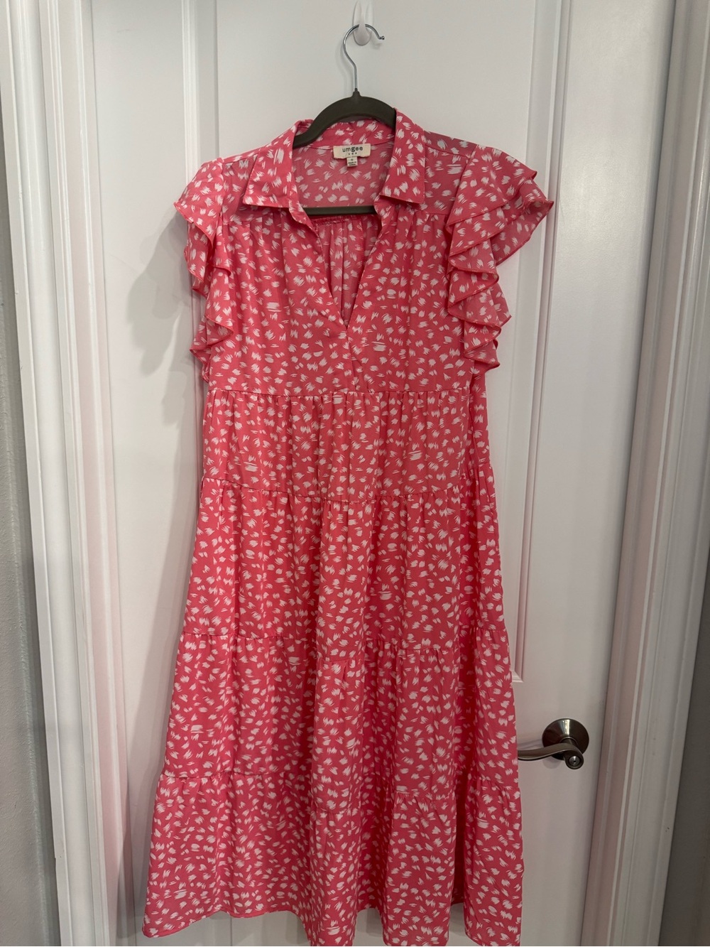 Umgee Pink  Printed Ruffle Sleeve Midi Dress